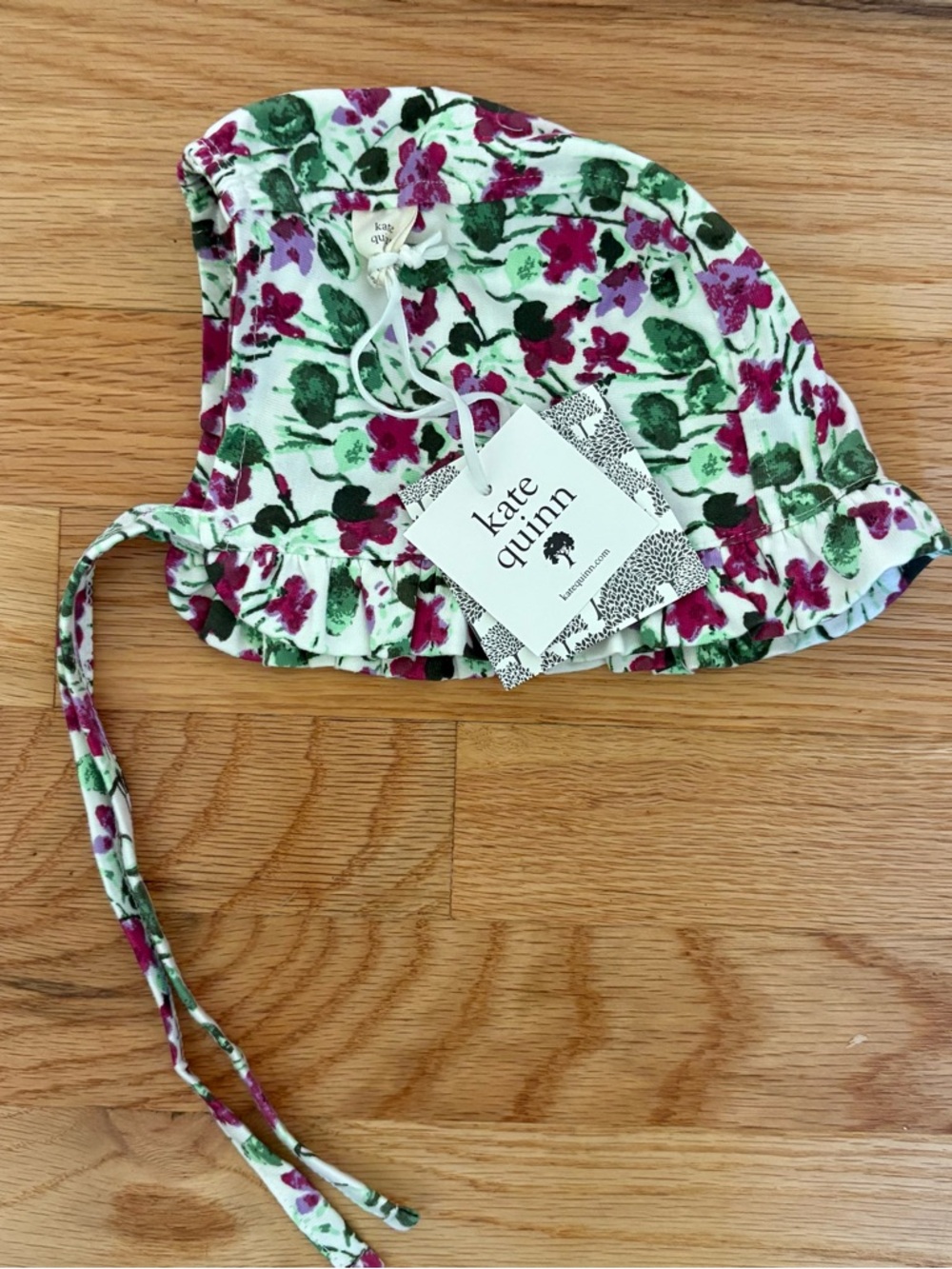 kate quinn Floral Ruffle Baby Bonnet in White, Pink & Green Watercolor Violets